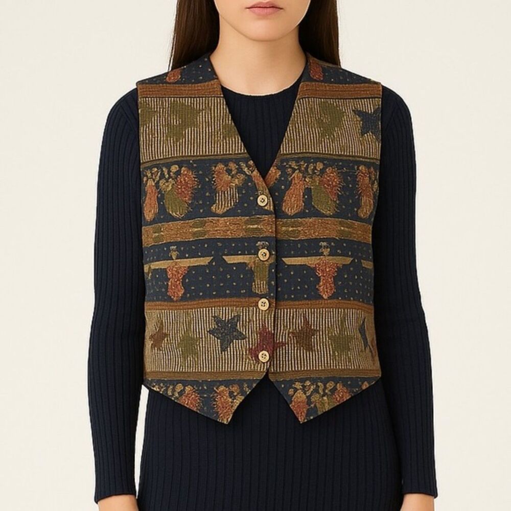 Vintage 90s Tapestry Vest Waistcoat Christmas Folksy Americana Angels Size Large